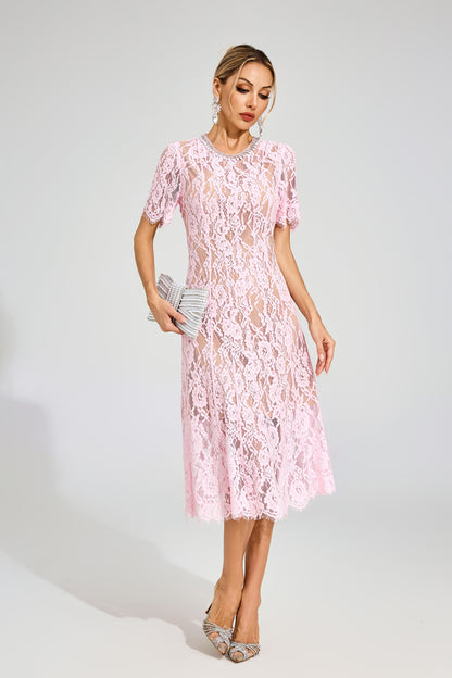 Jolie Sheer Pink  Lace Midi Dress