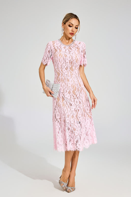 Jolie Sheer Pink  Lace Midi Dress