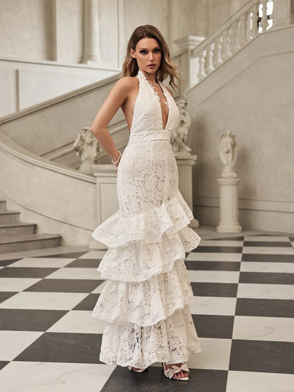 Valencia Ruffle Halter Lace Gown