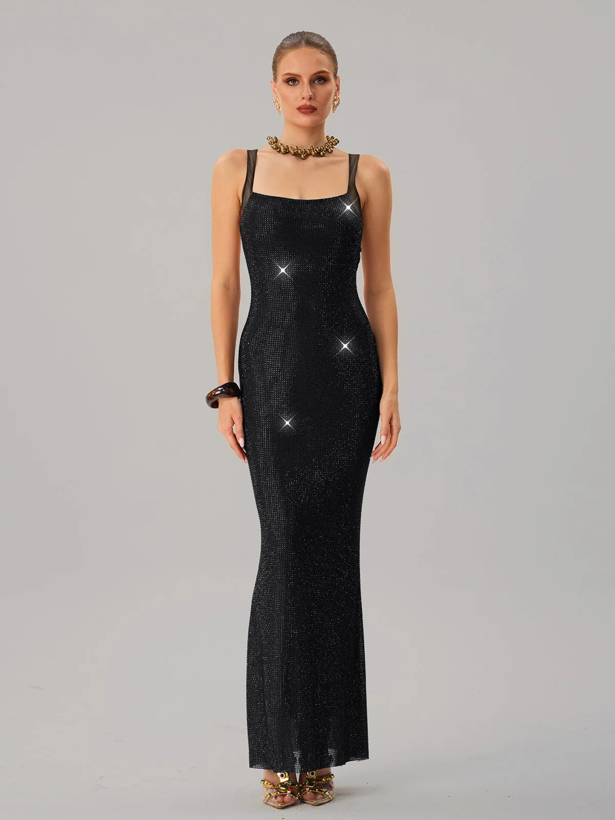Crystal Mesh Column Gown
