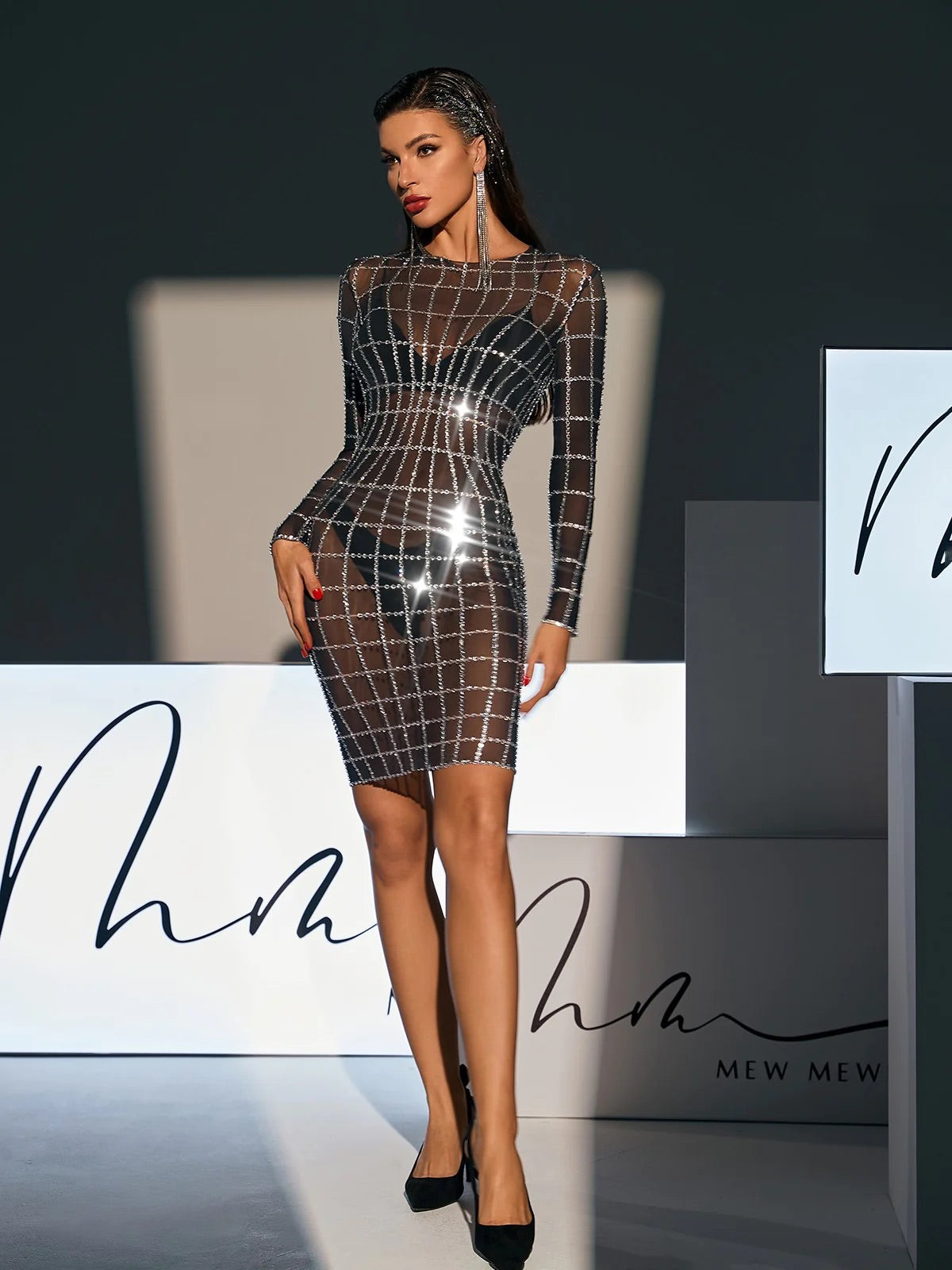 Rhinestone web mini dress (8314058801390)