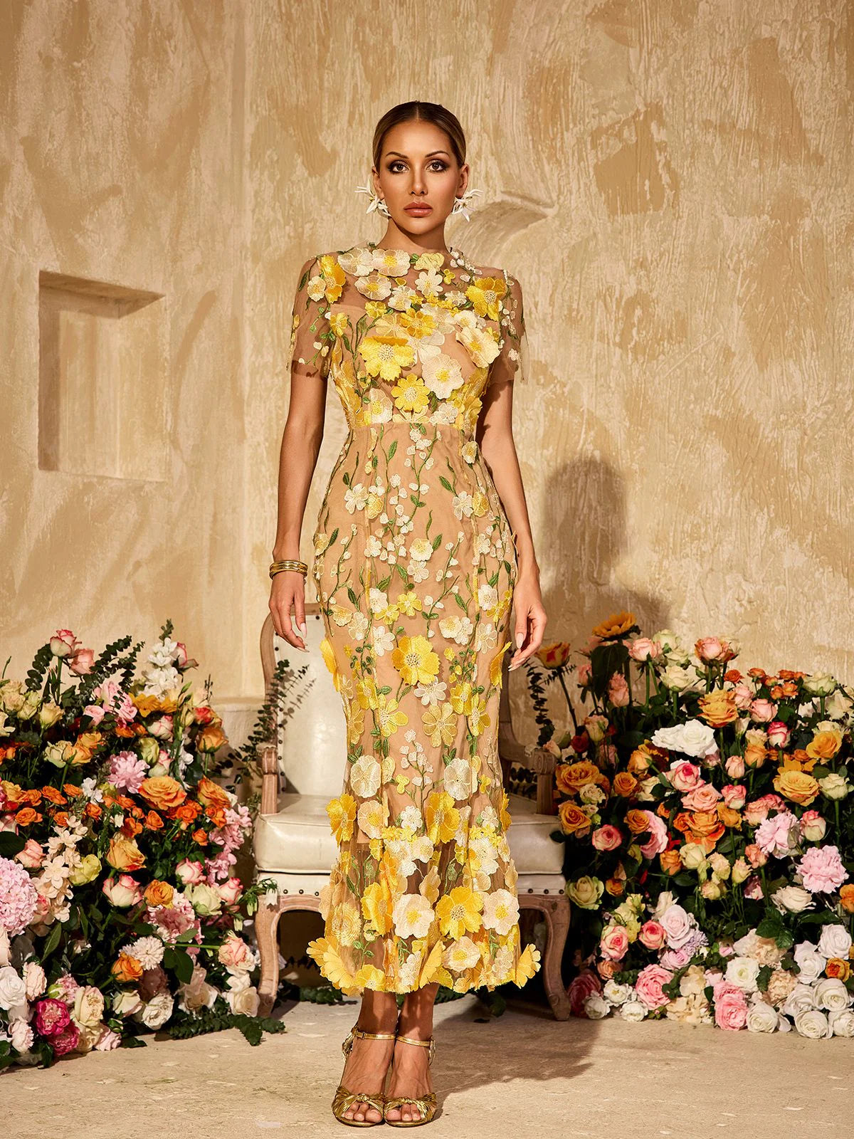 Soleil Bloom Flower Embroidered Midi Dress
