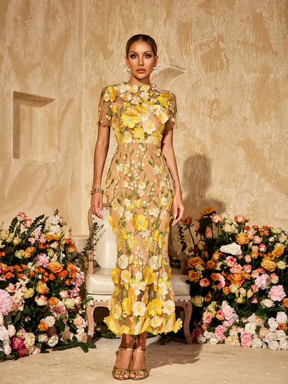 Soleil Bloom Flower Embroidered Midi Dress