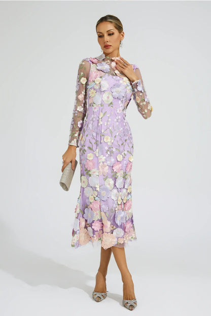 Purple flower embroidered midi dress