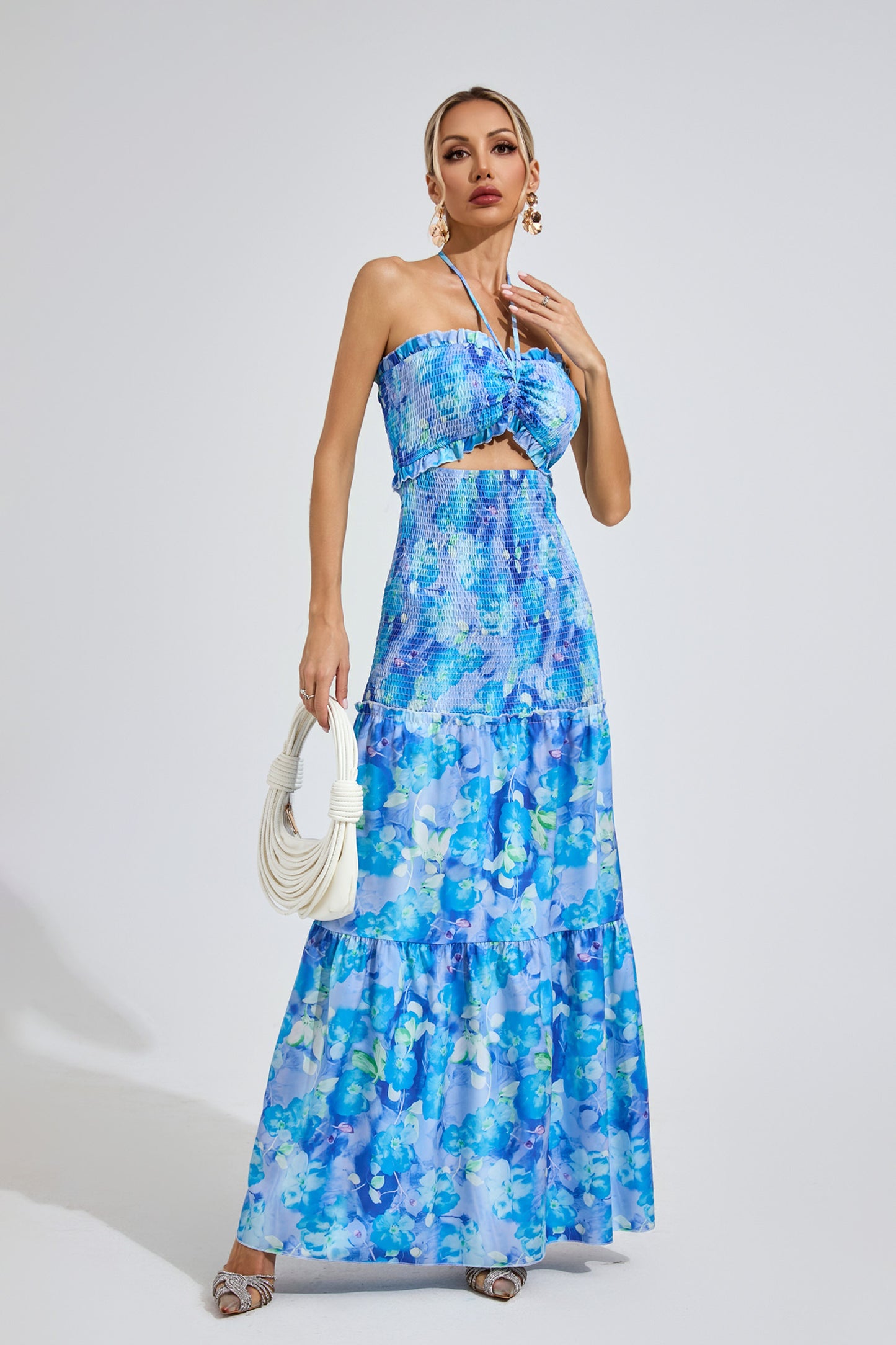 Azure Bloom Smocked Maxi Dress