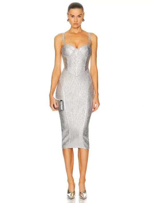 Metallic silver midi dress