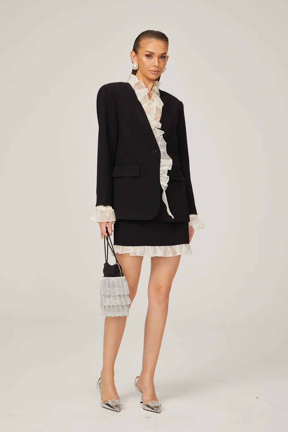 Black ruffle-trim blazer/skirt set