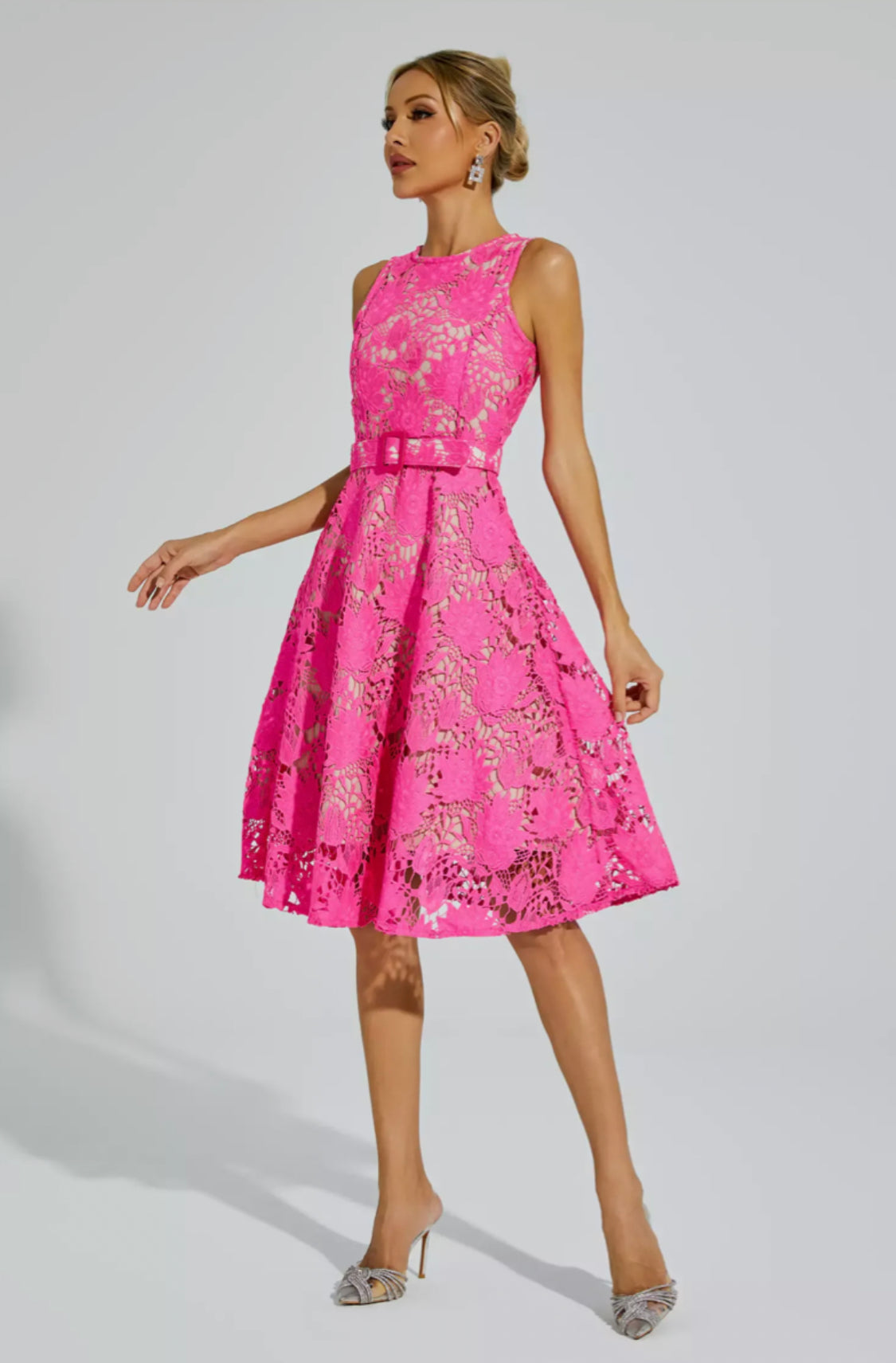 Briana pink belted midi dress