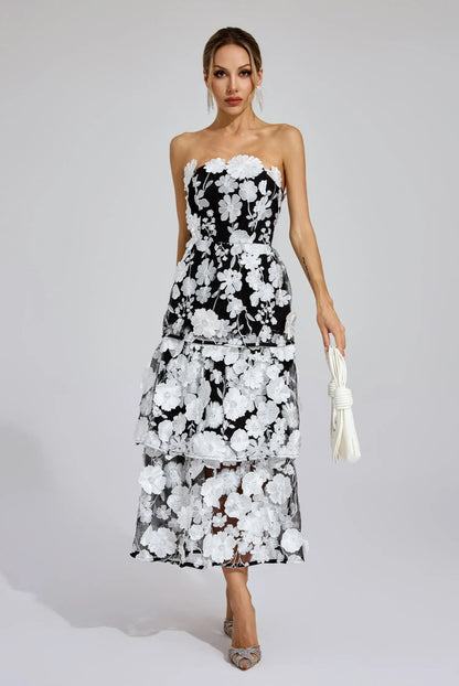 Embroidered black/white flower maxi dress