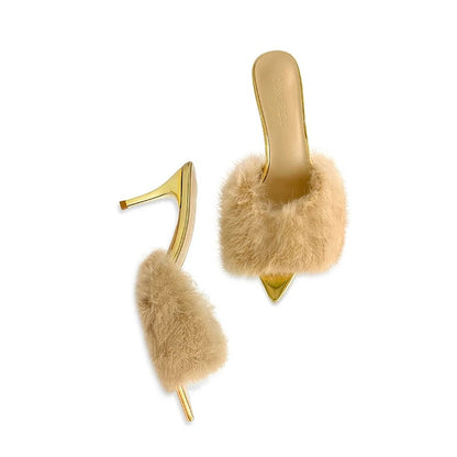 Golden Dream Fur Mule Heels