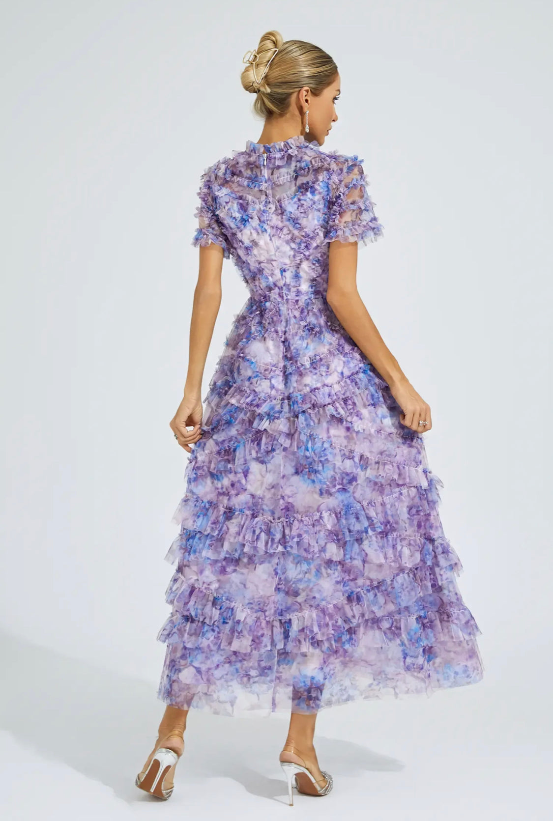 Floral purple short sleeves mesh midi dress (Preorder)