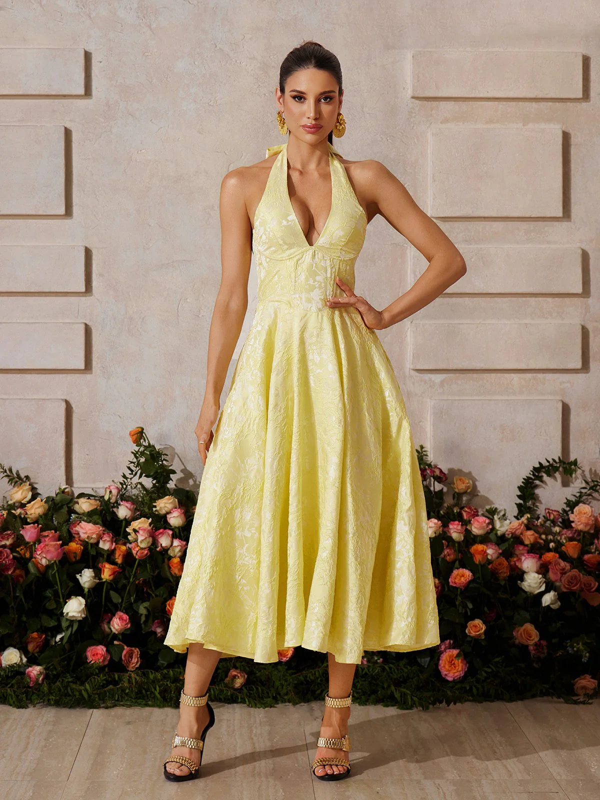Rosalie Yellow Halter Midi Dress