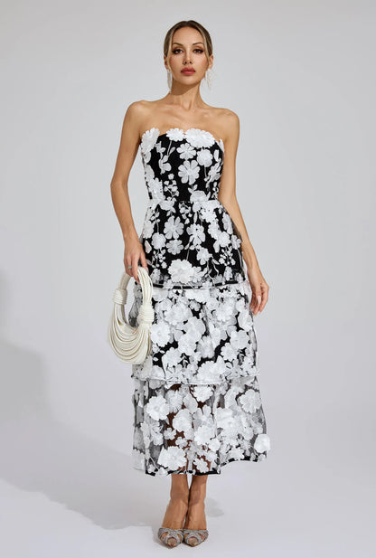 Embroidered black/white flower maxi dress