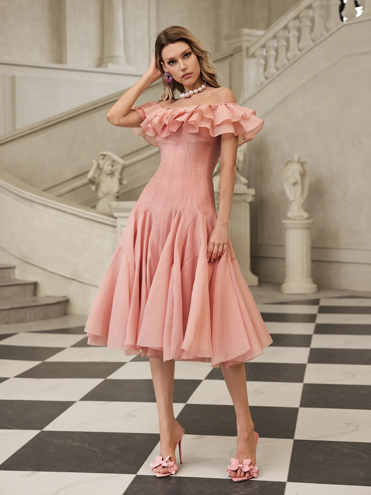 Amélie Off Shoulder Ruffle Midi Dress