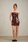 Wine-red sequin leather mini dress