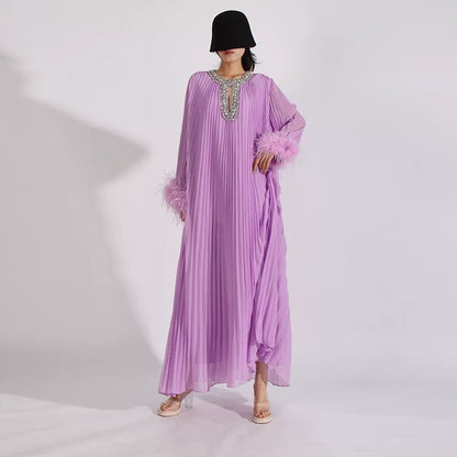 Crystal & feathers embellished purple maxi dress