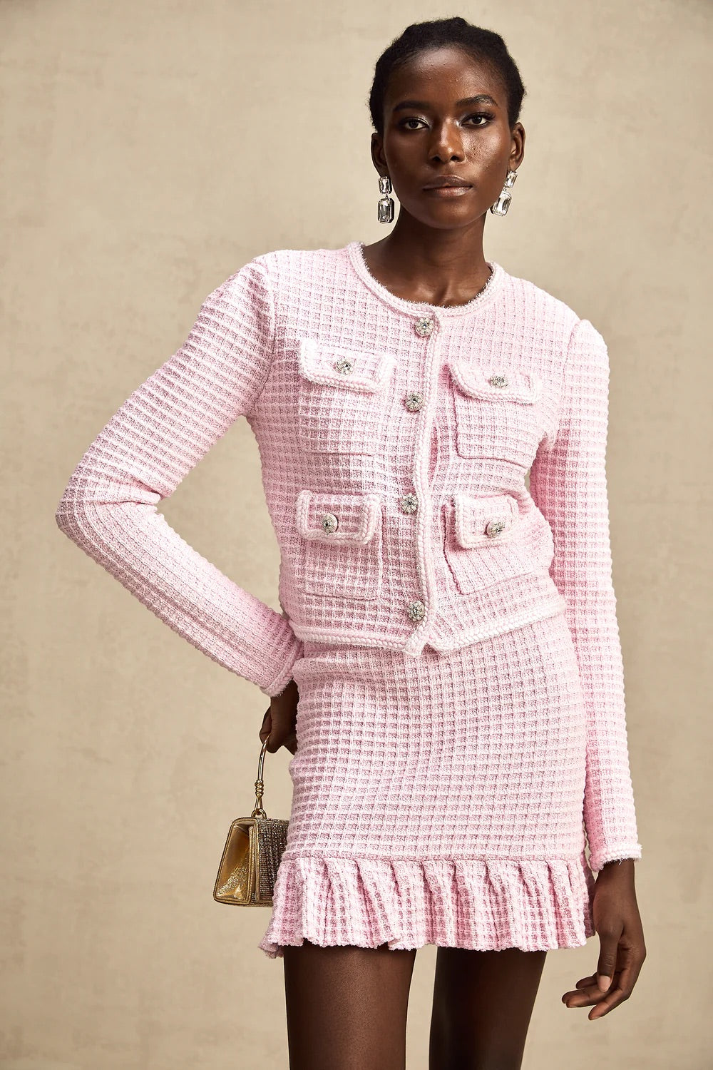 Pink Waffle-knit jacket/skirt set