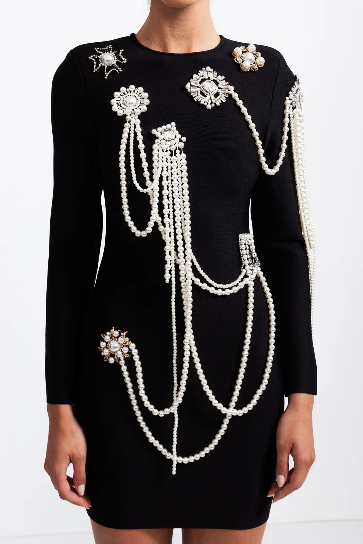 Pearl chains black mini dress (8284700147950)