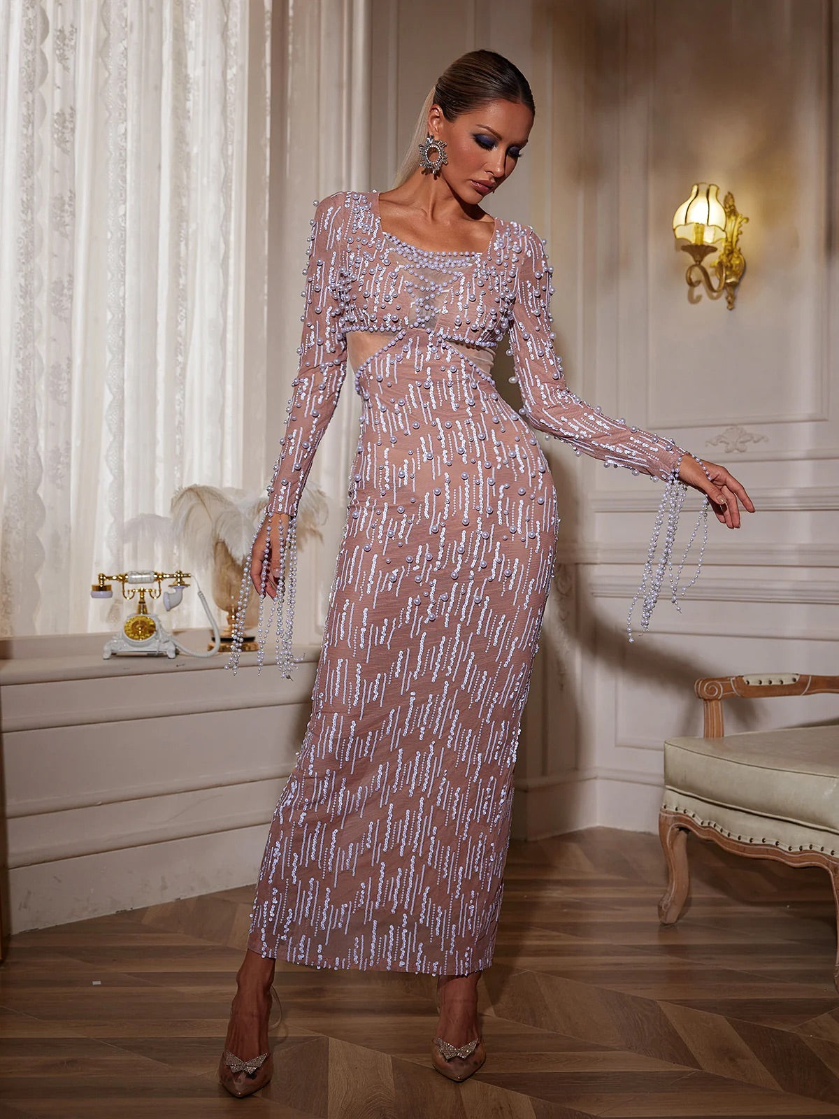 Maret Pearl fringe maxi dress