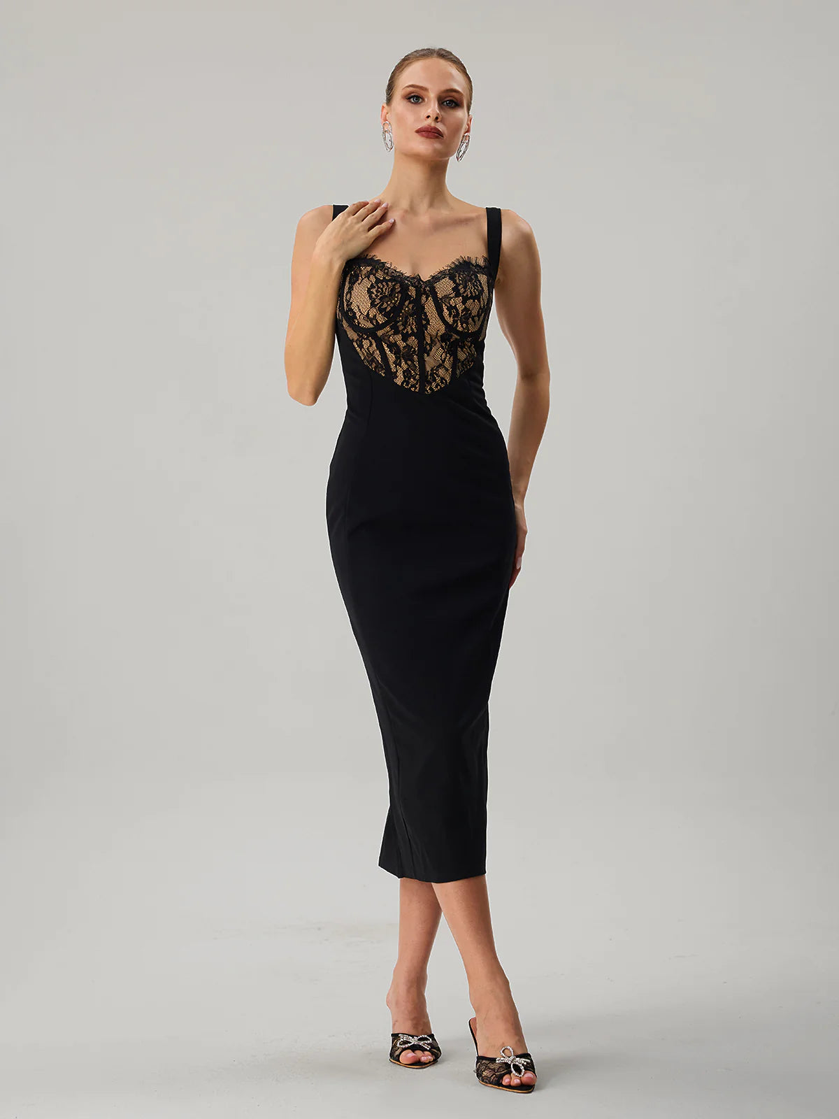 Black Lace Bustier Midi Dress