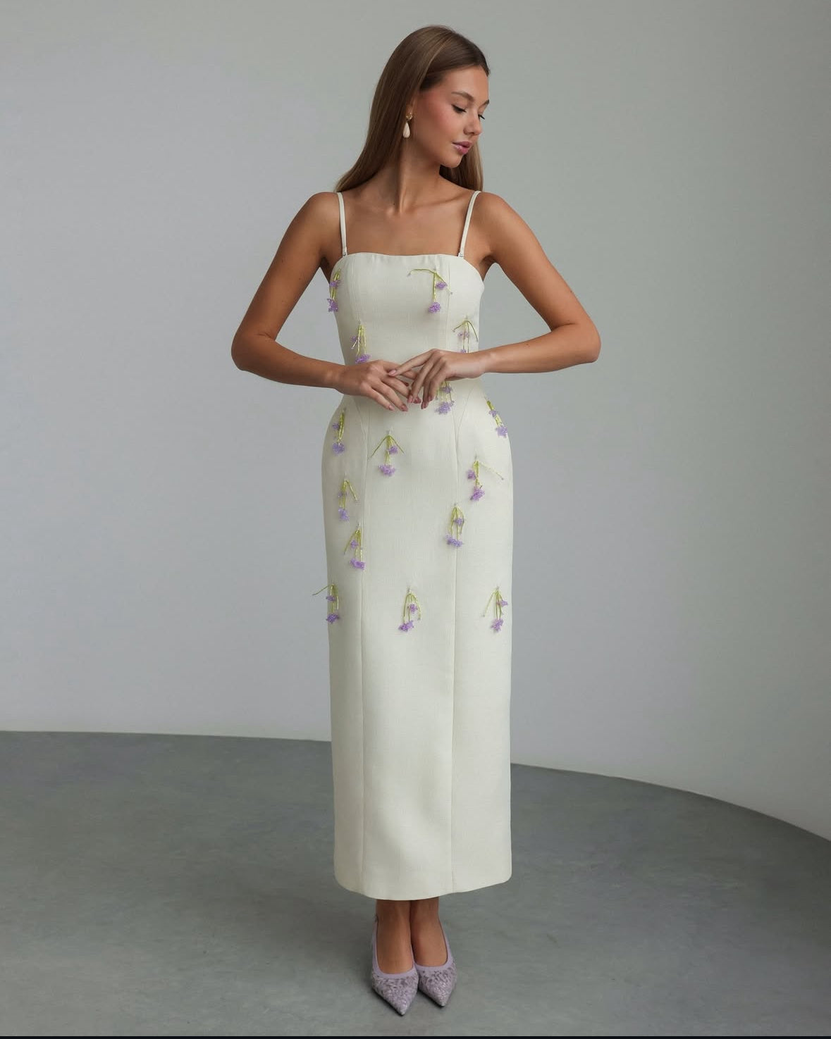 Beads embellished cream maxi dress