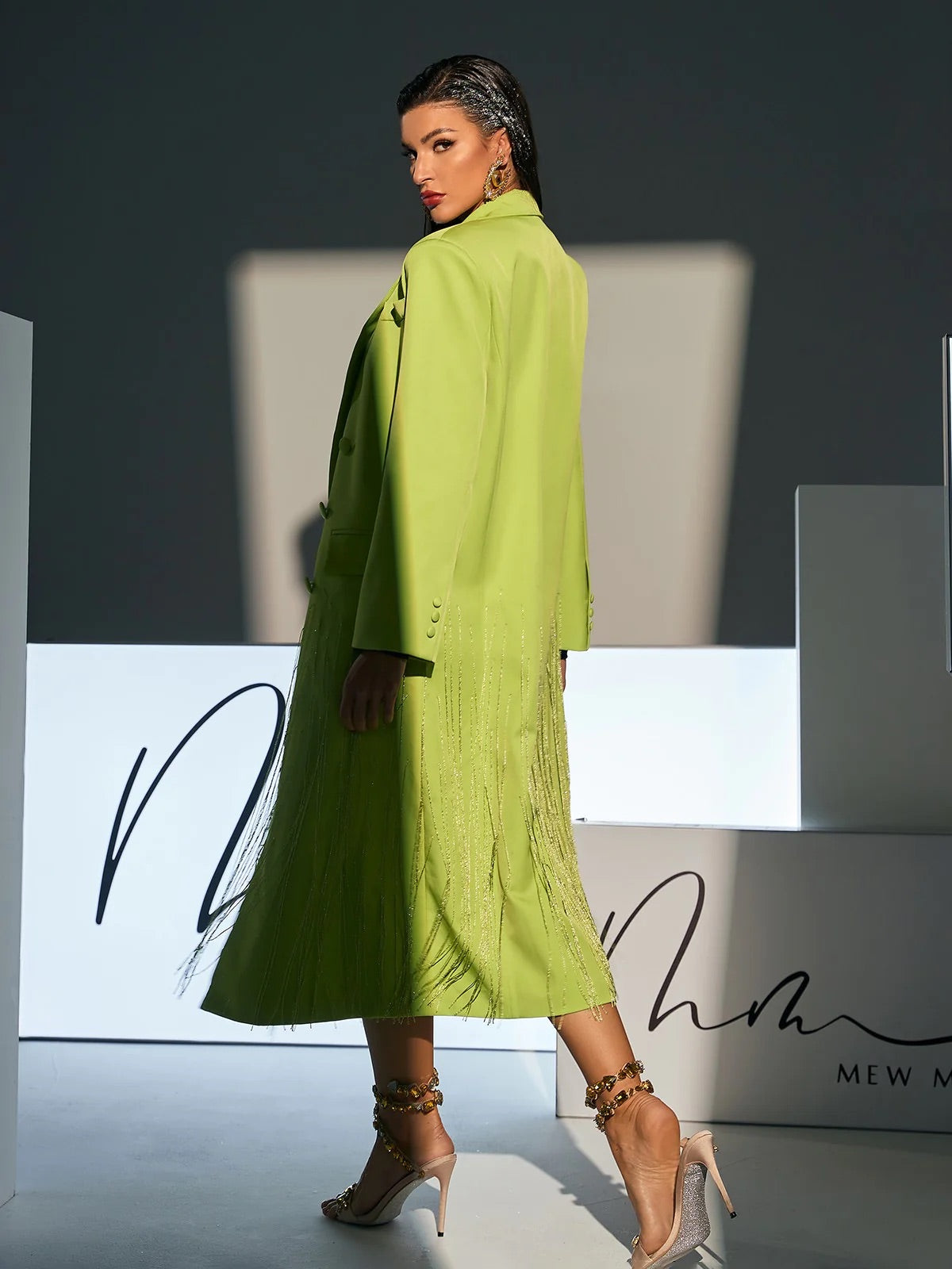 Neon green crystal fringe blazer coat (8293490622702)