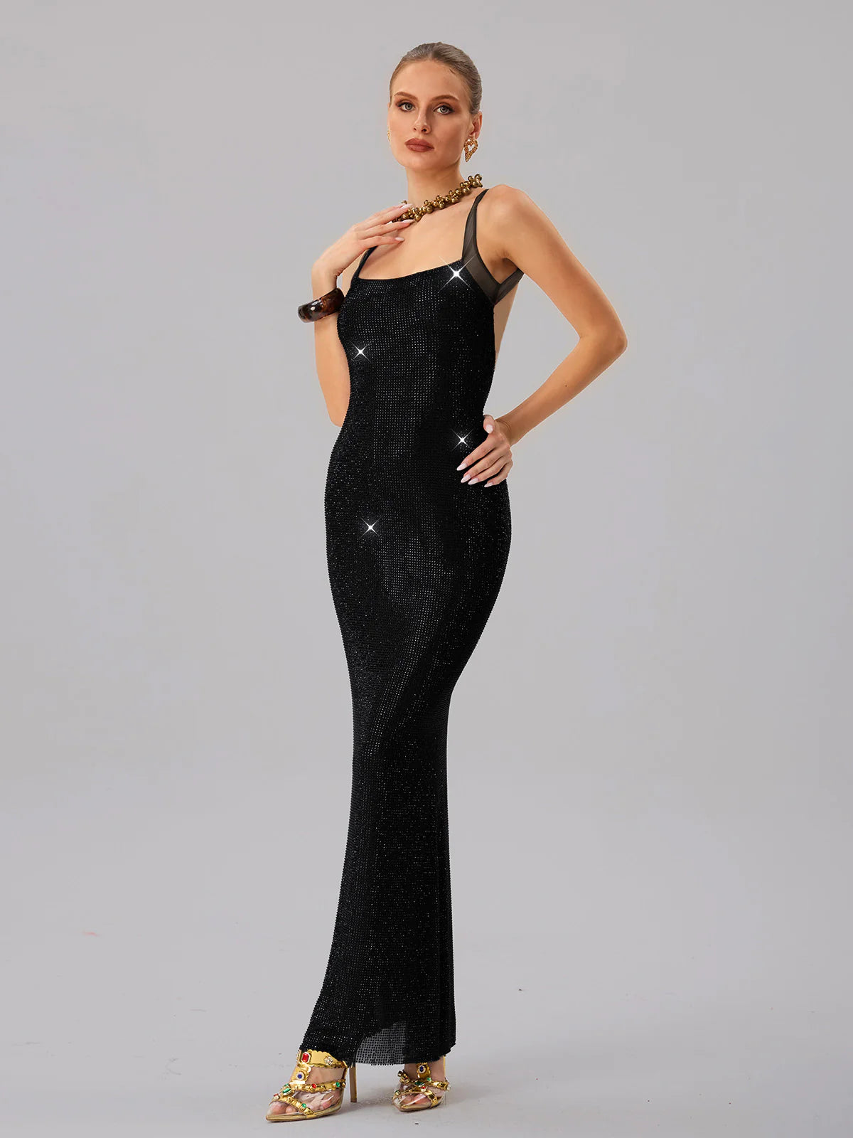 Crystal Mesh Column Gown