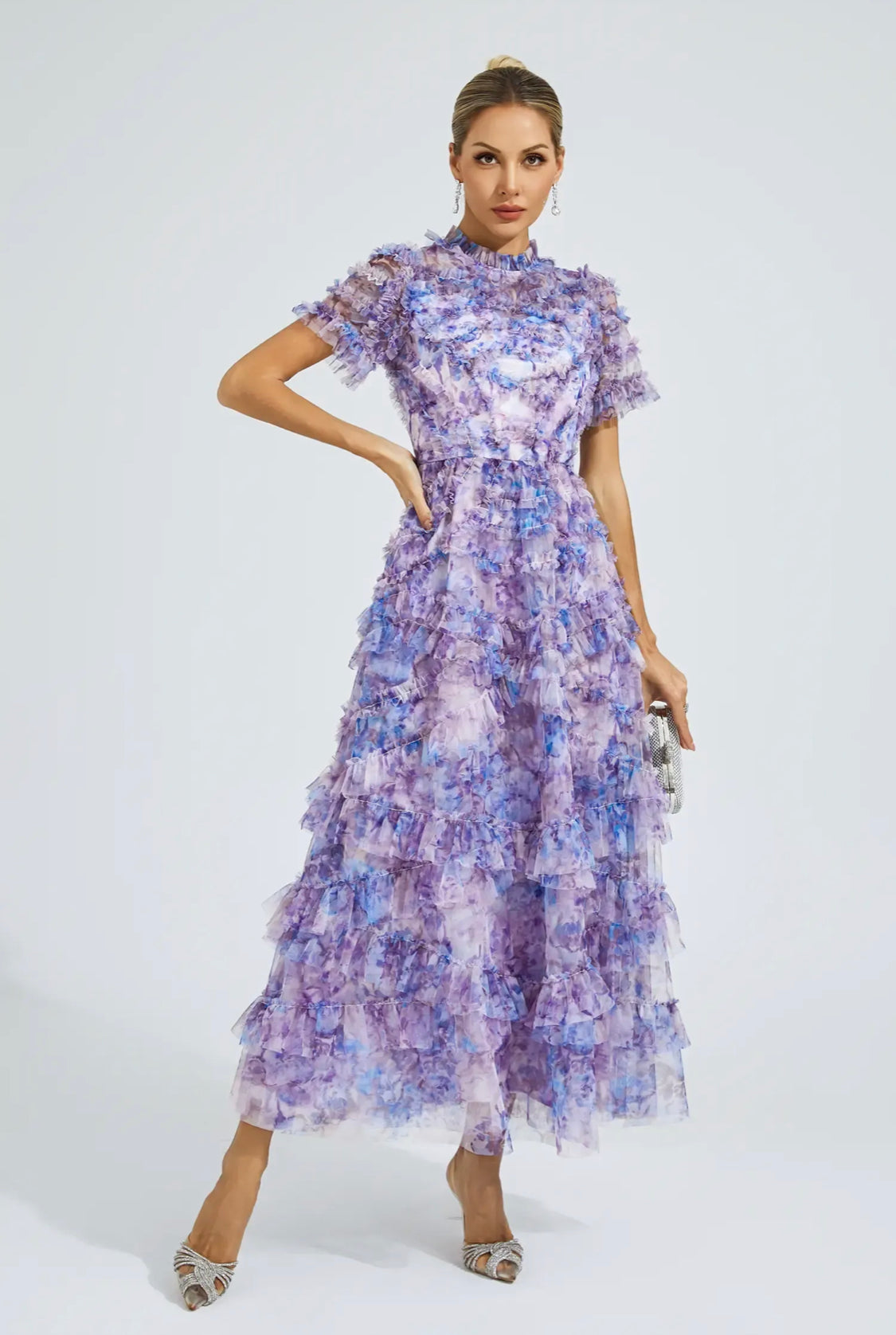 Floral purple short sleeves mesh midi dress (Preorder)