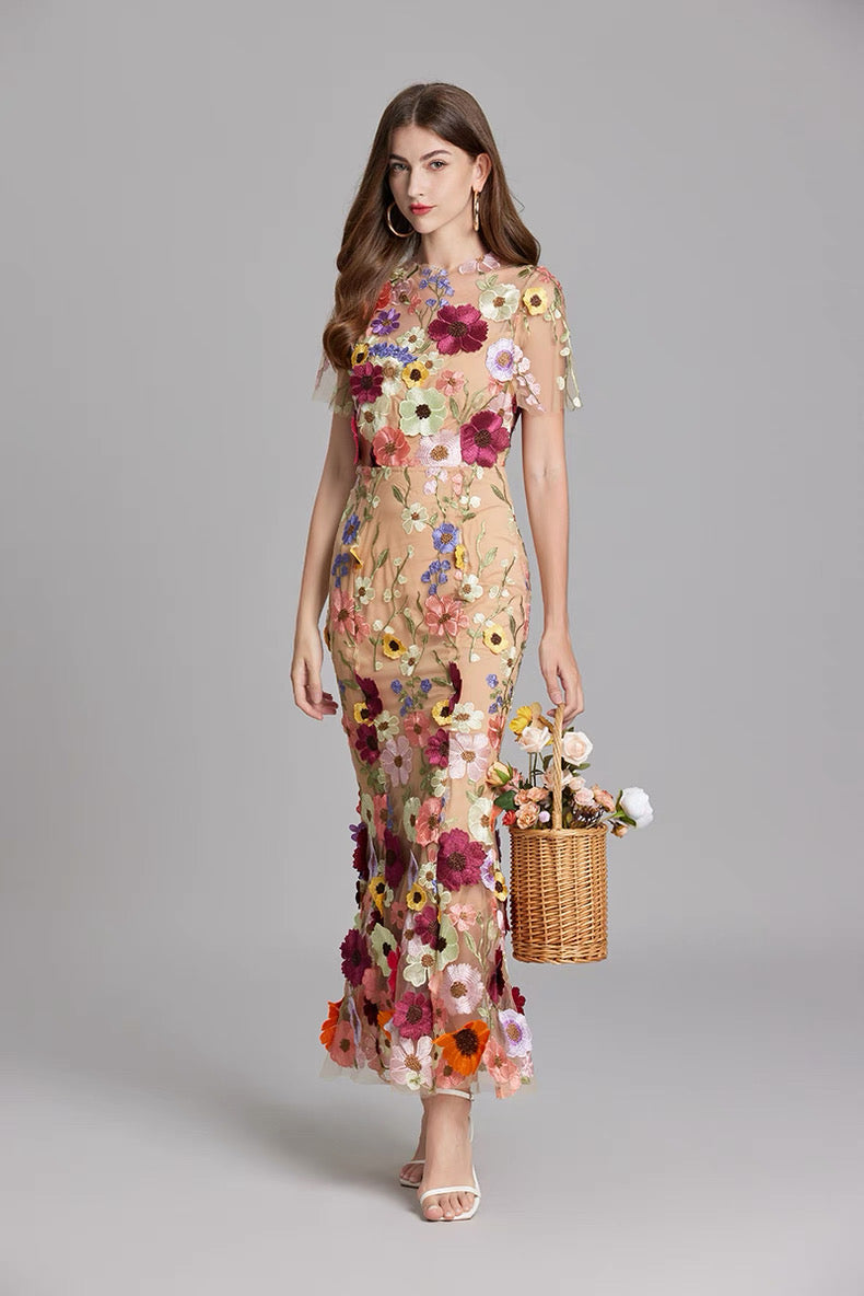 Soleil Bloom Flower Embroidered Midi Dress