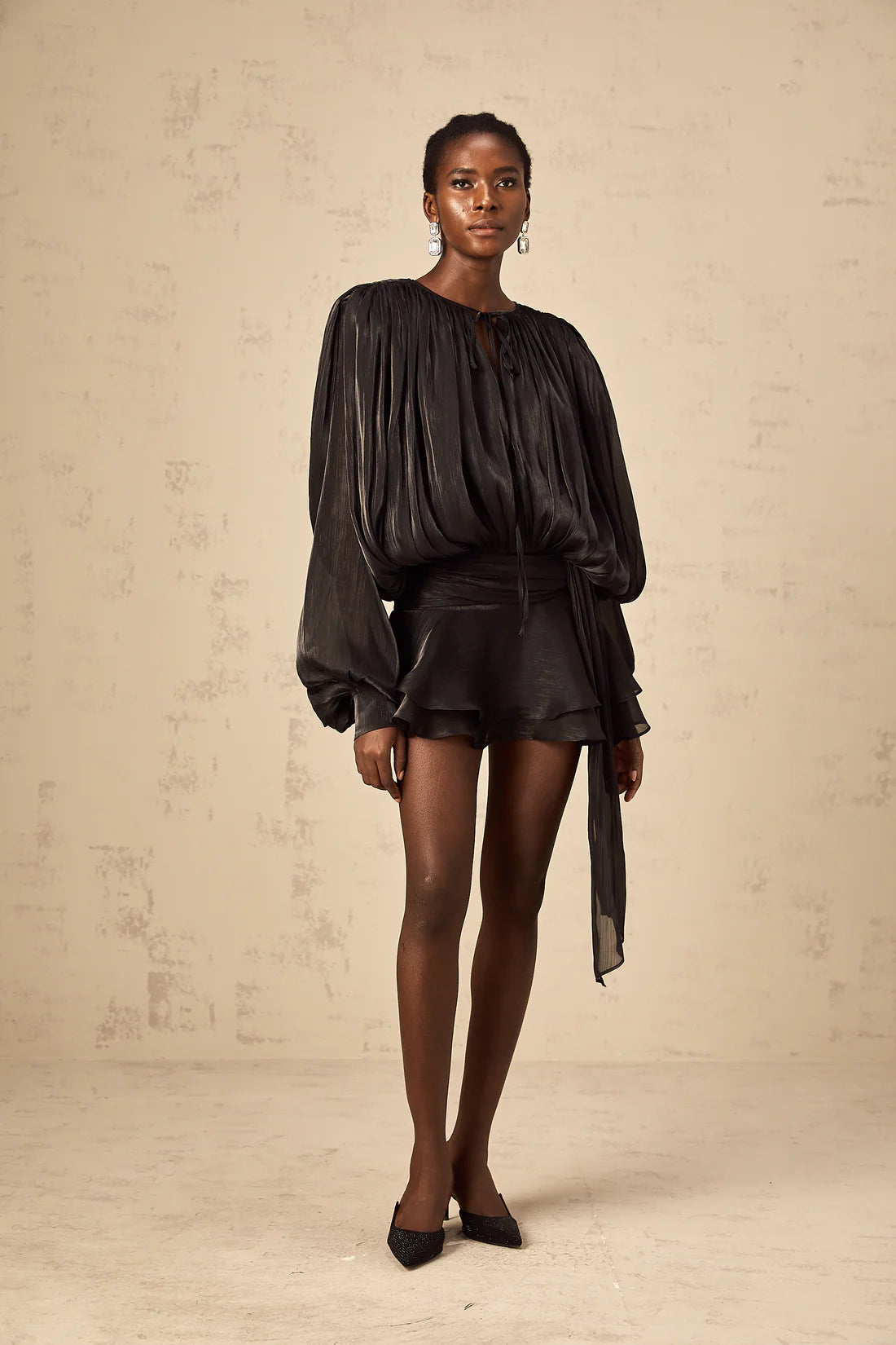 Ruffled draped black mini dress