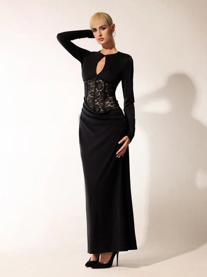 Black Lace Corset Long Sleeve Gown
