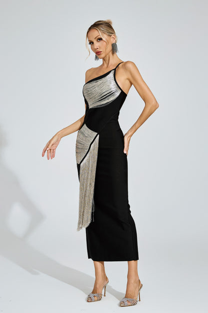 Noir Silver Fringe One-Shoulder Dress