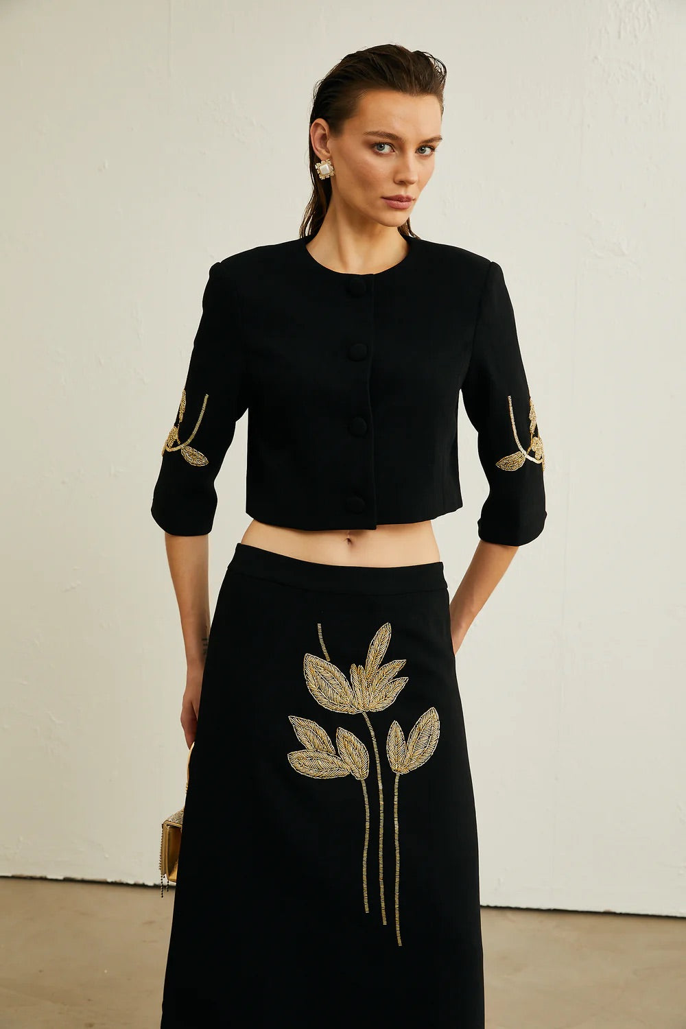 Flower appliqué top/skirt set