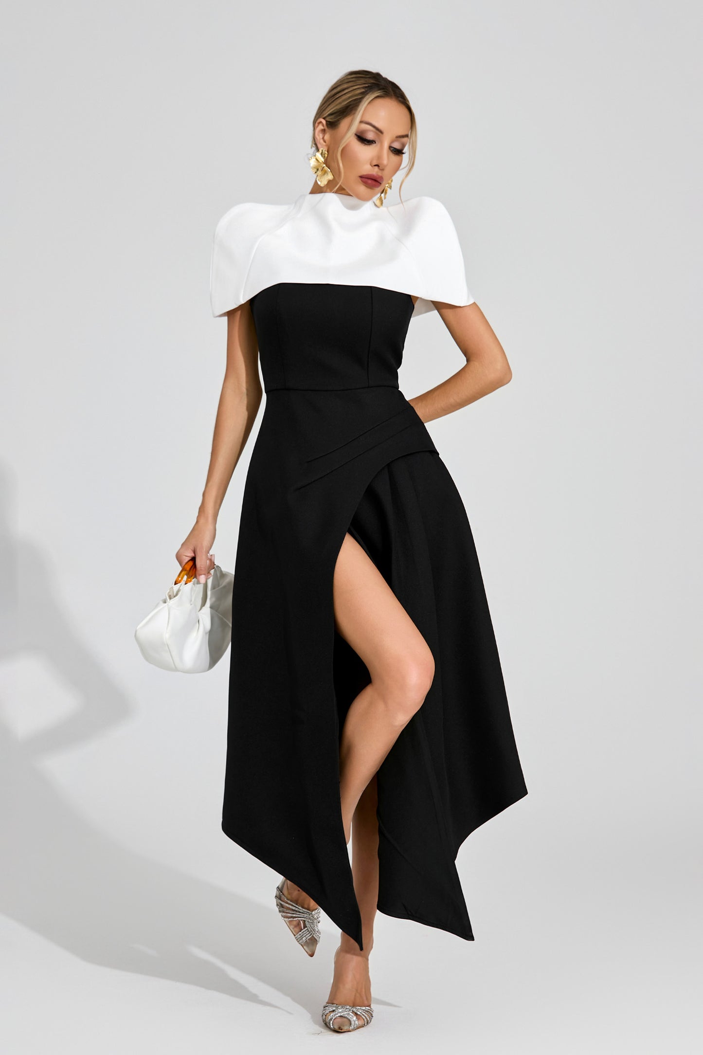 Noir Éclat Asymmetric Cape Dress