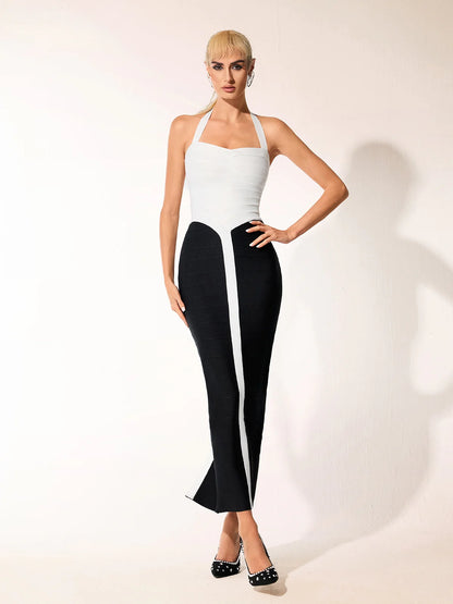 Monochrome Halter Bodycon midi Dress