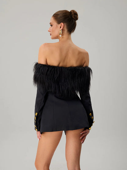 Noir Plume Off-Shoulder Blazer Dress
