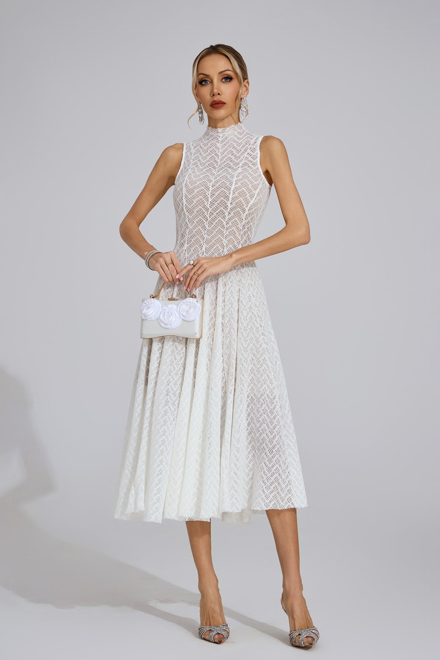 Elara High-Neck Lace Midi Dress