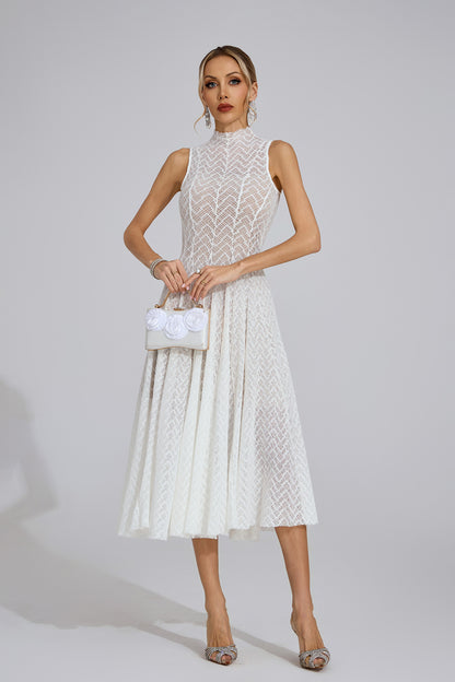 Elara High-Neck Lace Midi Dress