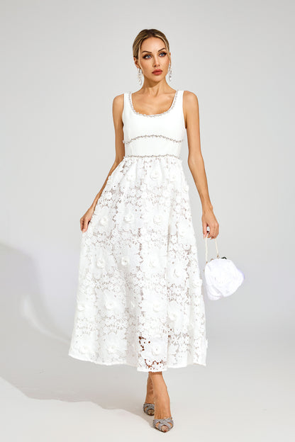 Livia Flower Embroidered Crystal Midi Dress