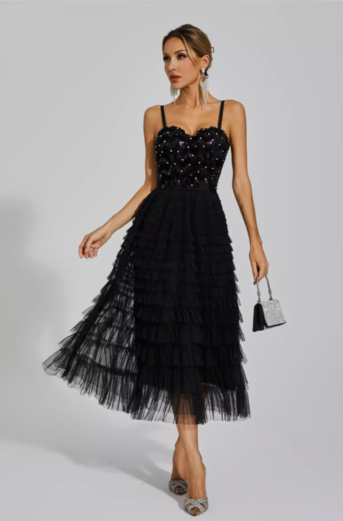 Tatiana black tulle midi dress