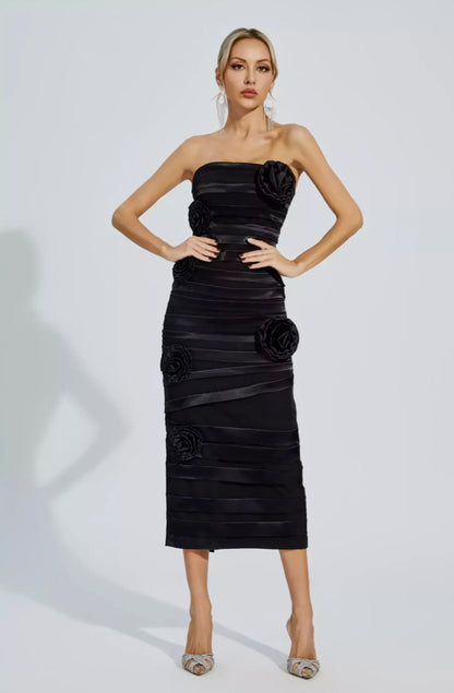 Mavis black flower midi dress