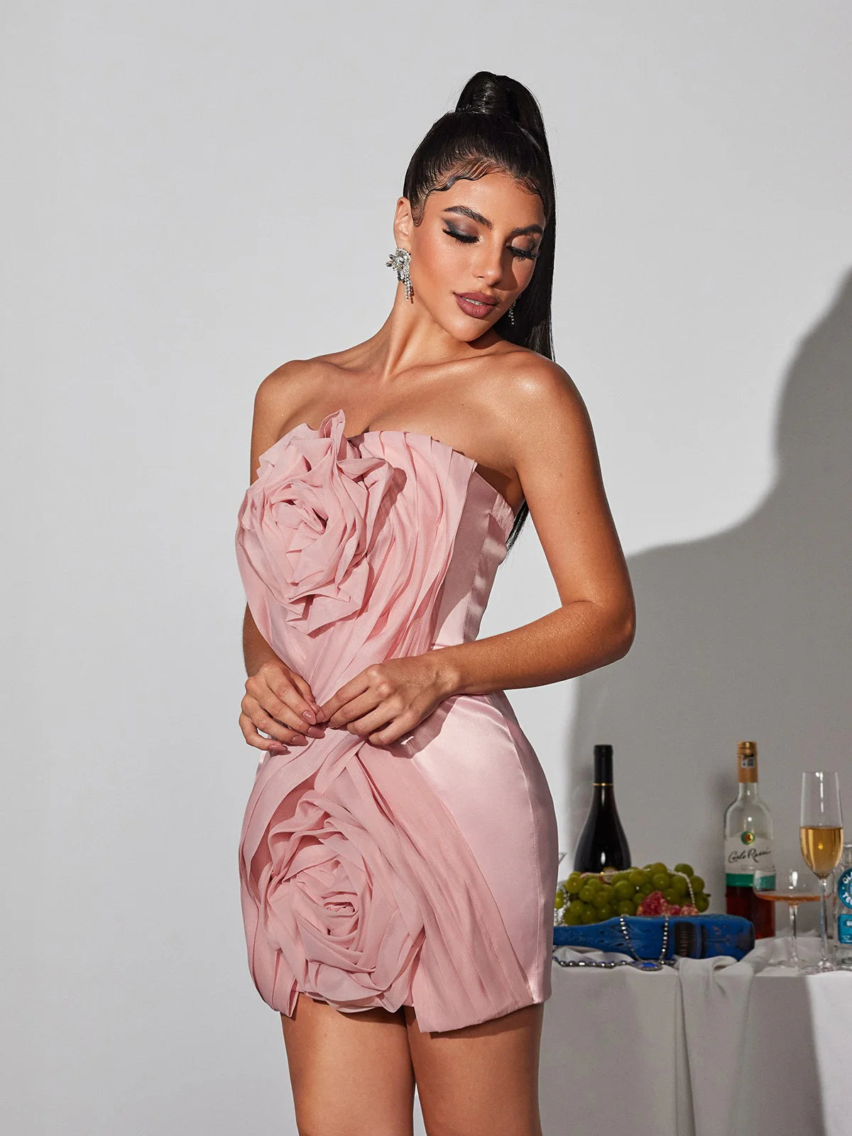 3D flower pink satin mini dress