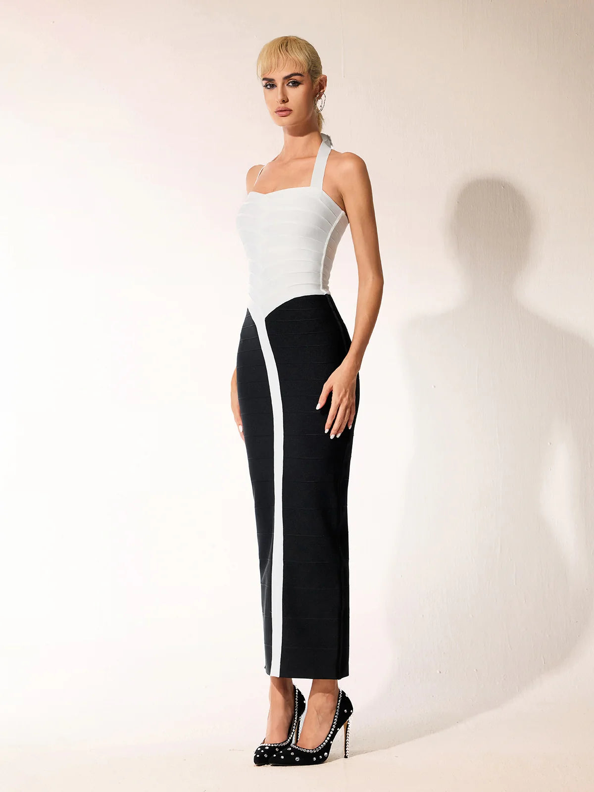 Monochrome Halter Bodycon midi Dress