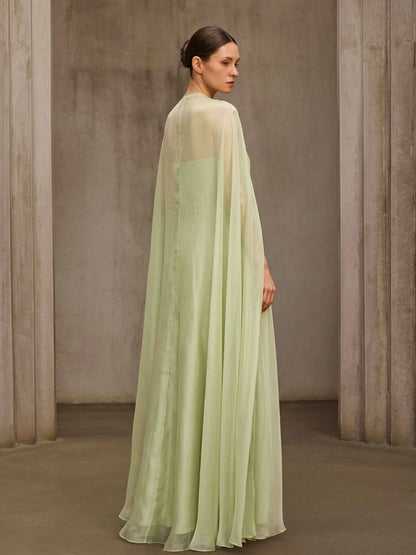 Sage Embroidered Cape Gown