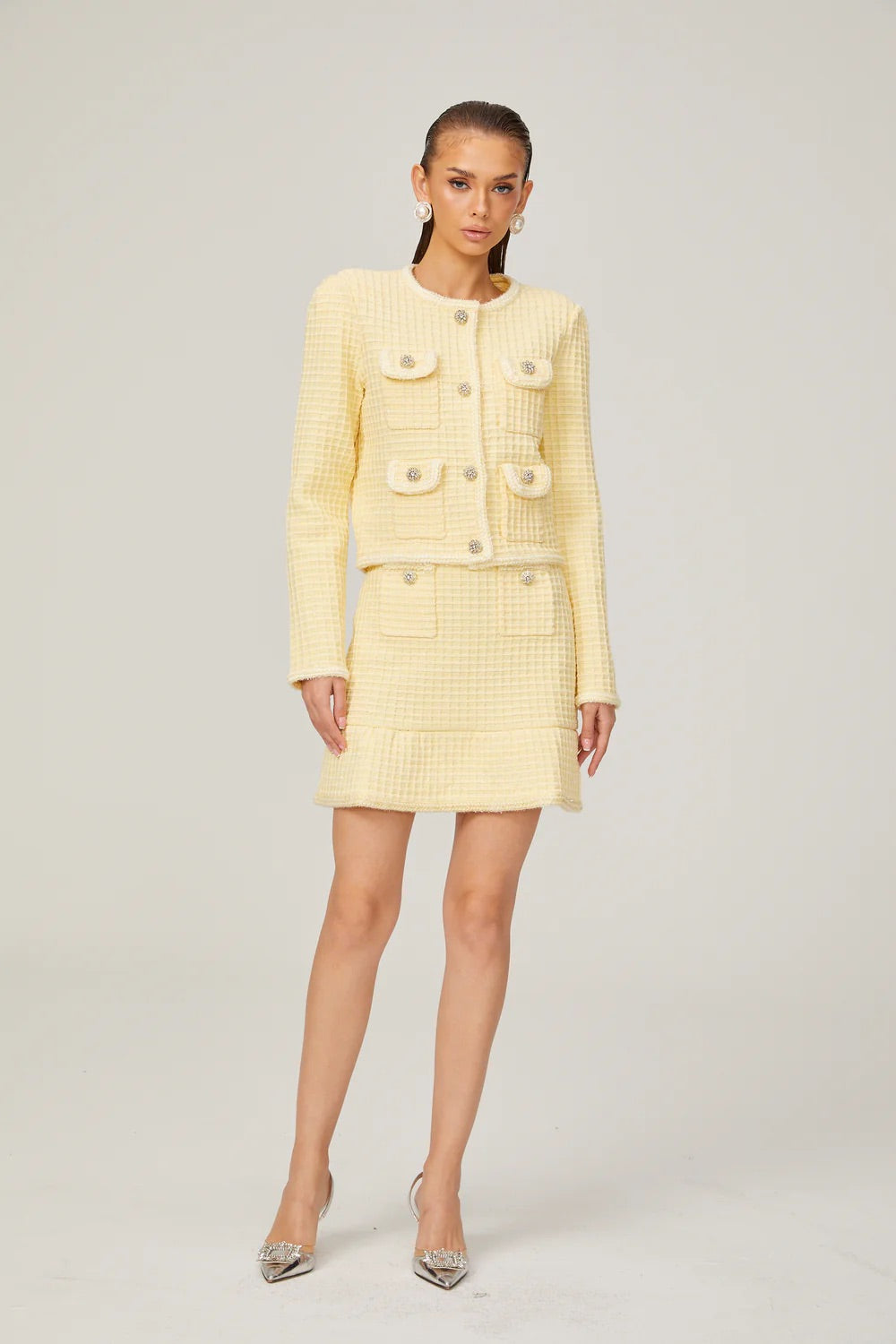 Yellow Waffle-knit jacket/skirt set