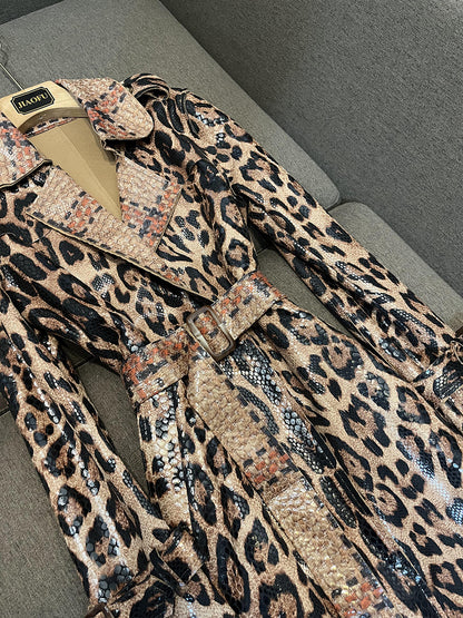 Leopard leather long coat (8141436813550)