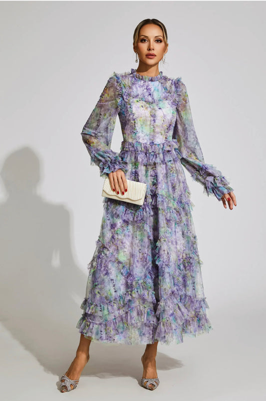 Purple mesh floral maxi dress (Preorder)