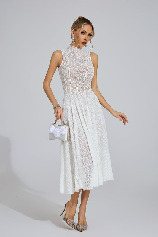 Elara High-Neck Lace Midi Dress