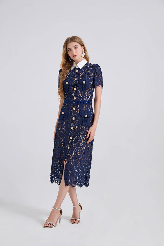Guxi Navy Lace Collar Dress