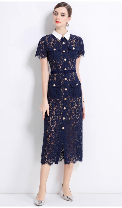 Guxi Navy Lace Collar Dress